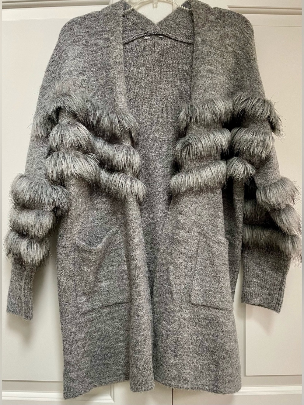 Sioni Grey Mohair-Wool Blend Faux Fur Cardigan Open Front Pockets Sweater